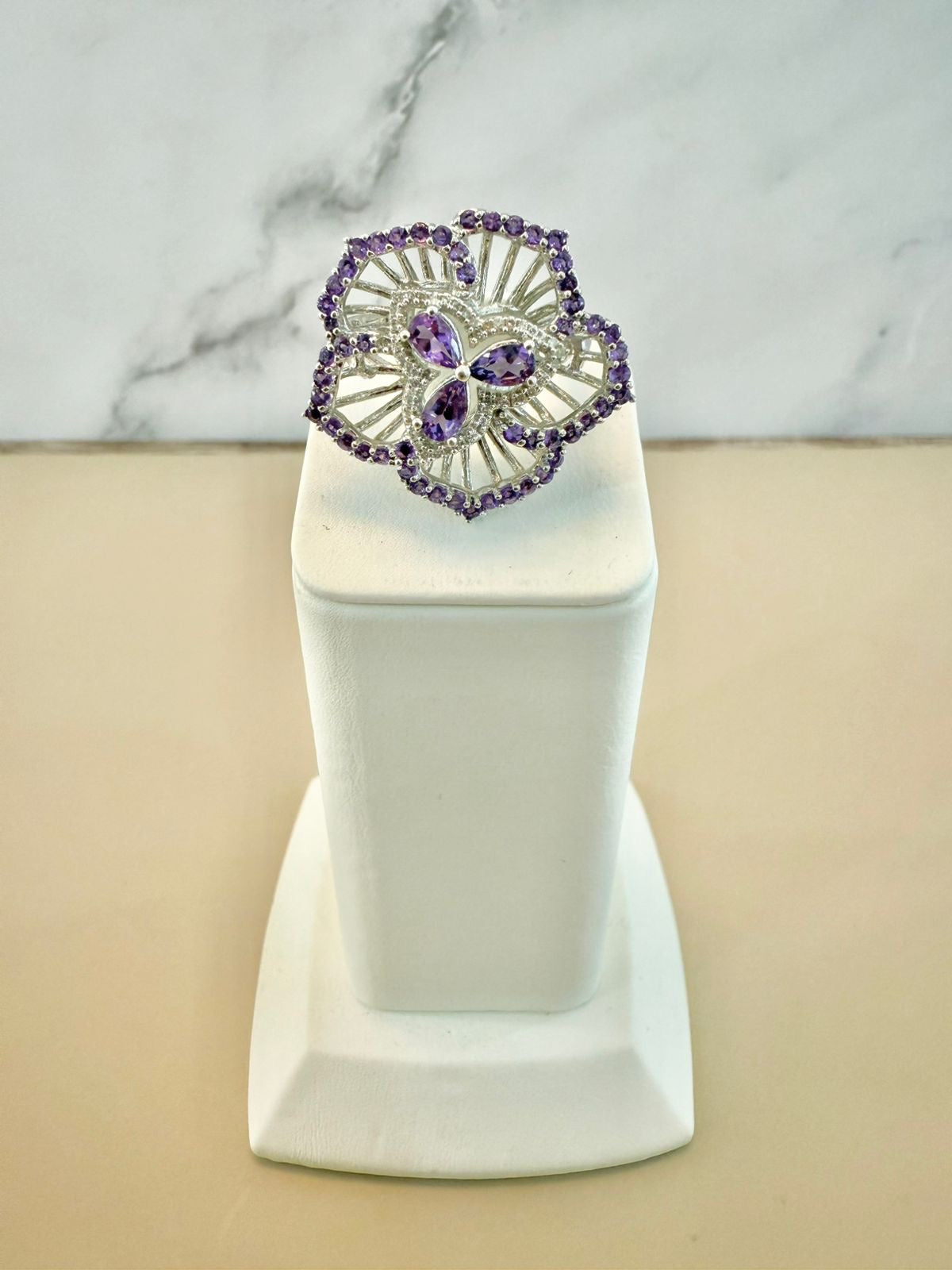 AMETHYST FLOWER RING WITH D-0.15 CTW DIAMONDS