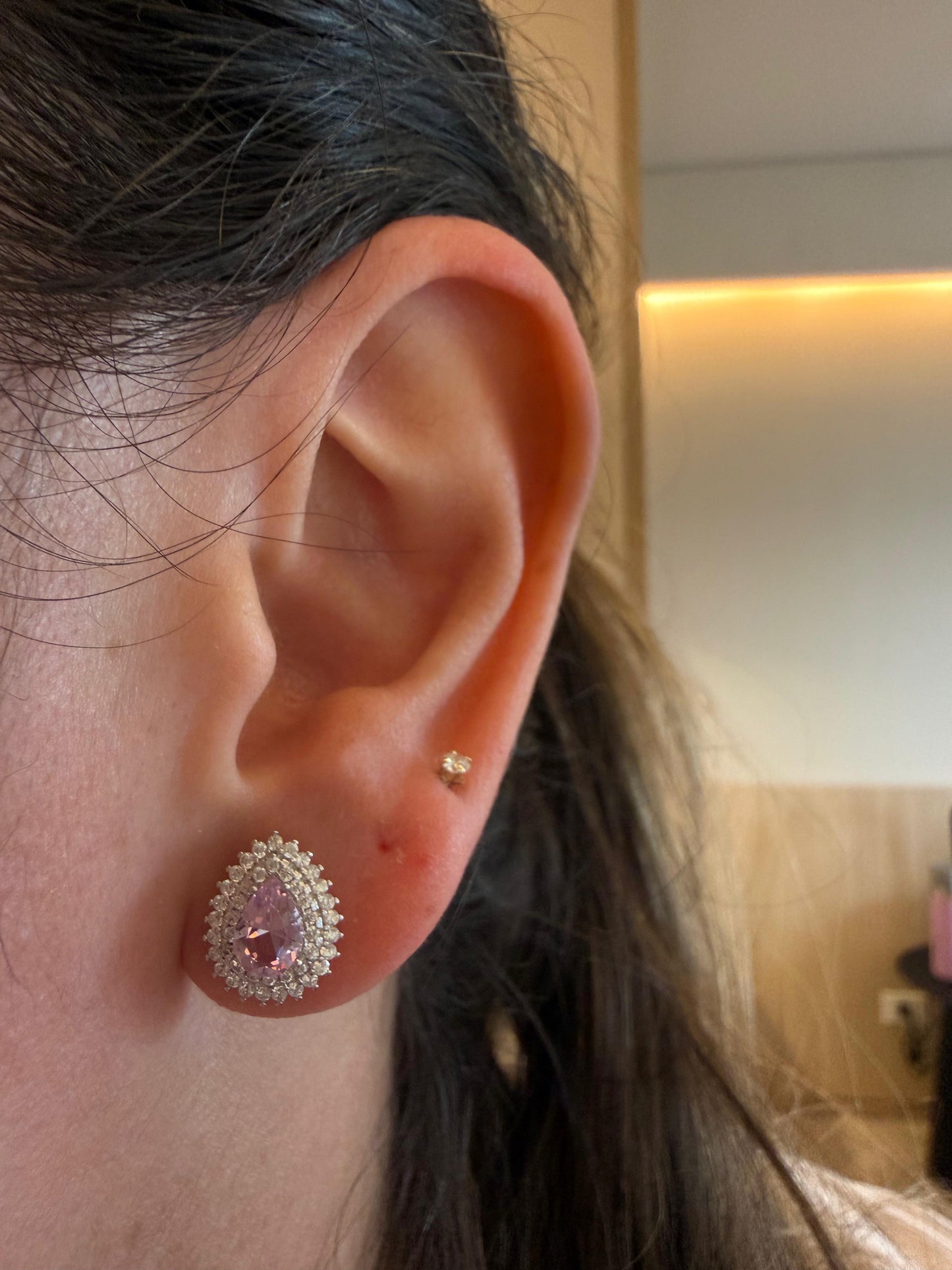 LAB PINK PEAR DOUBLE CZ HALO EARRINGS