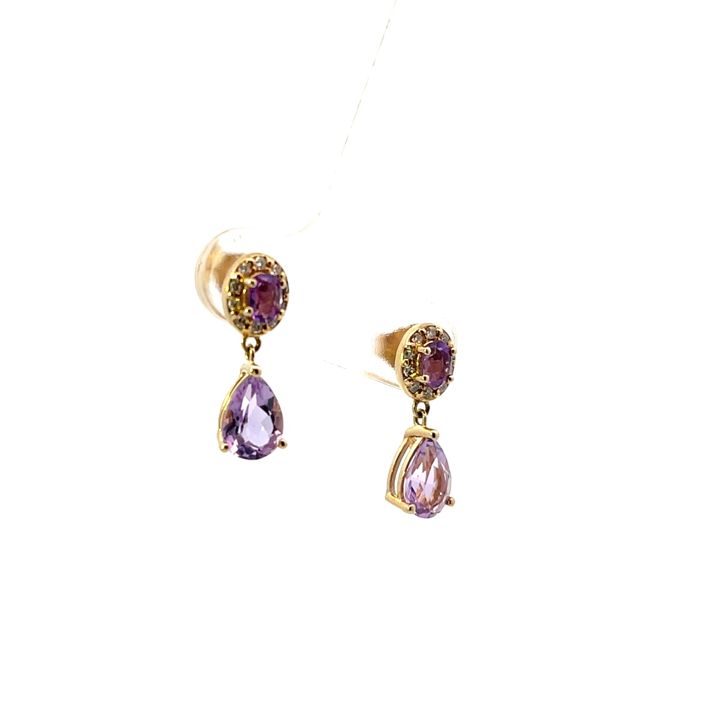 10K YG D-0.12CTW OVAL AMETHYST WITH DIAMOND HALO AND PEAR DROP PENDANT EARRINGS