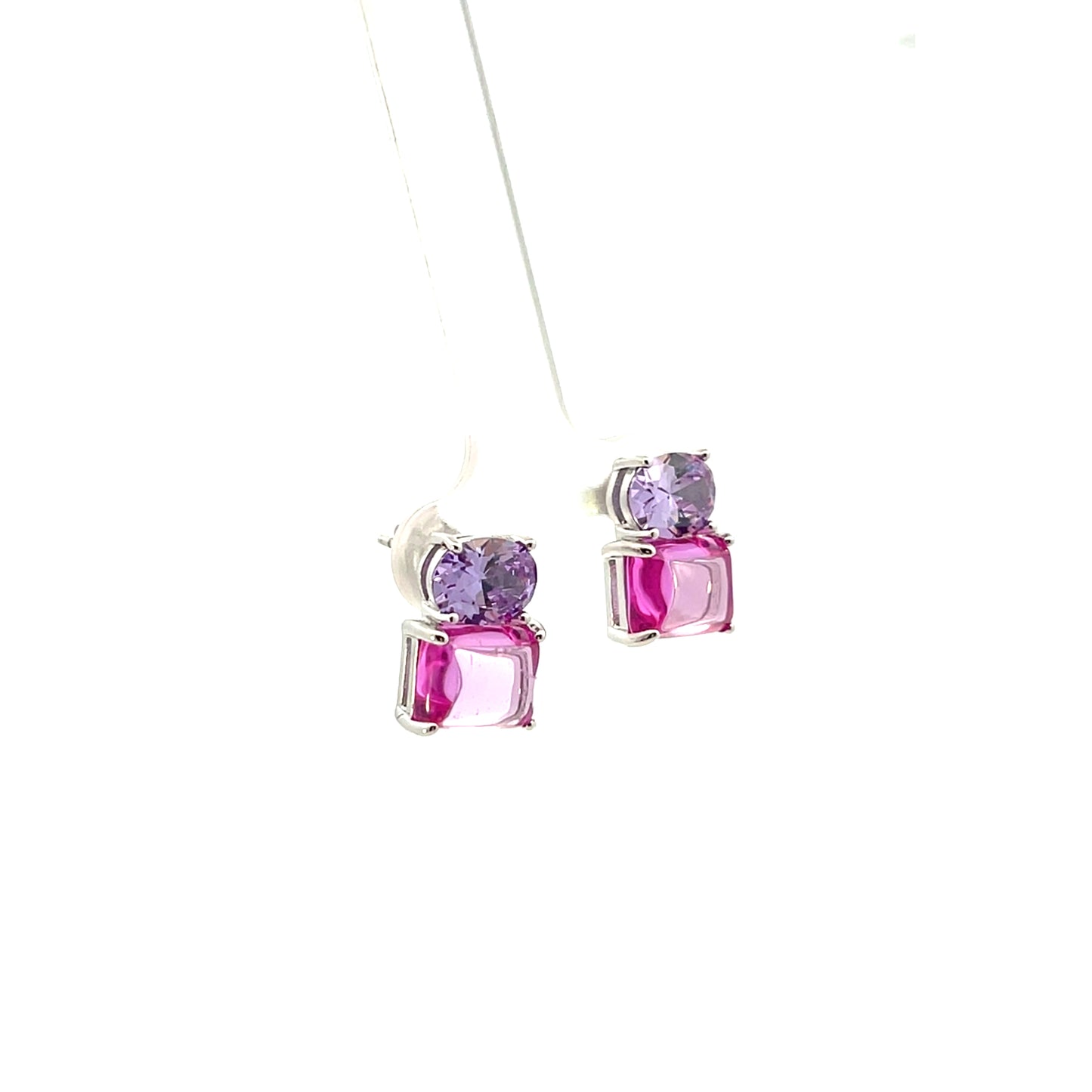 OVAL AND PRINCESS CUT PURPLE PINK SILVER EARRINGS