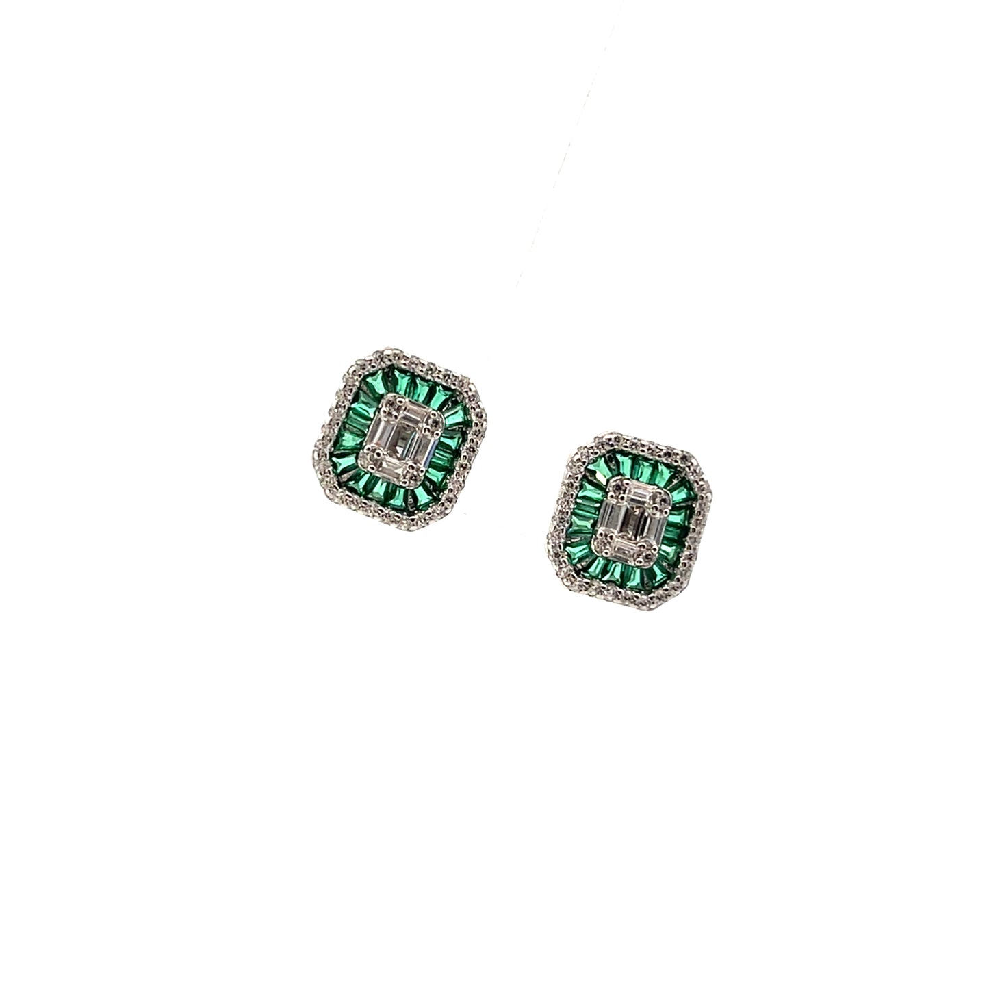 HEXAGONAL FULL CZ STUDS GREEN SILVER EARRINGS