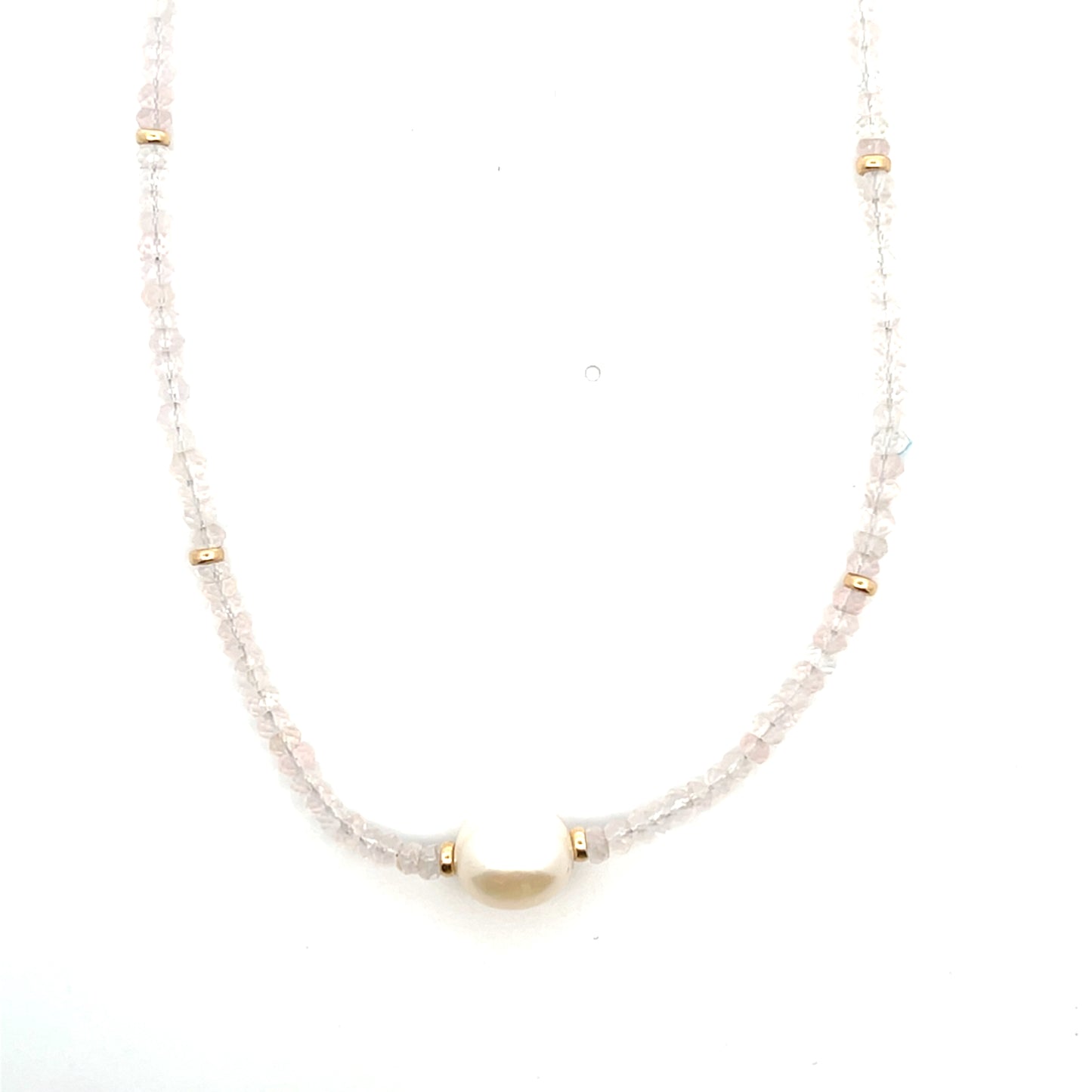 14K YG ALL AROUND ROSE QUARTZ AND WHITE PEARL NECKLACE