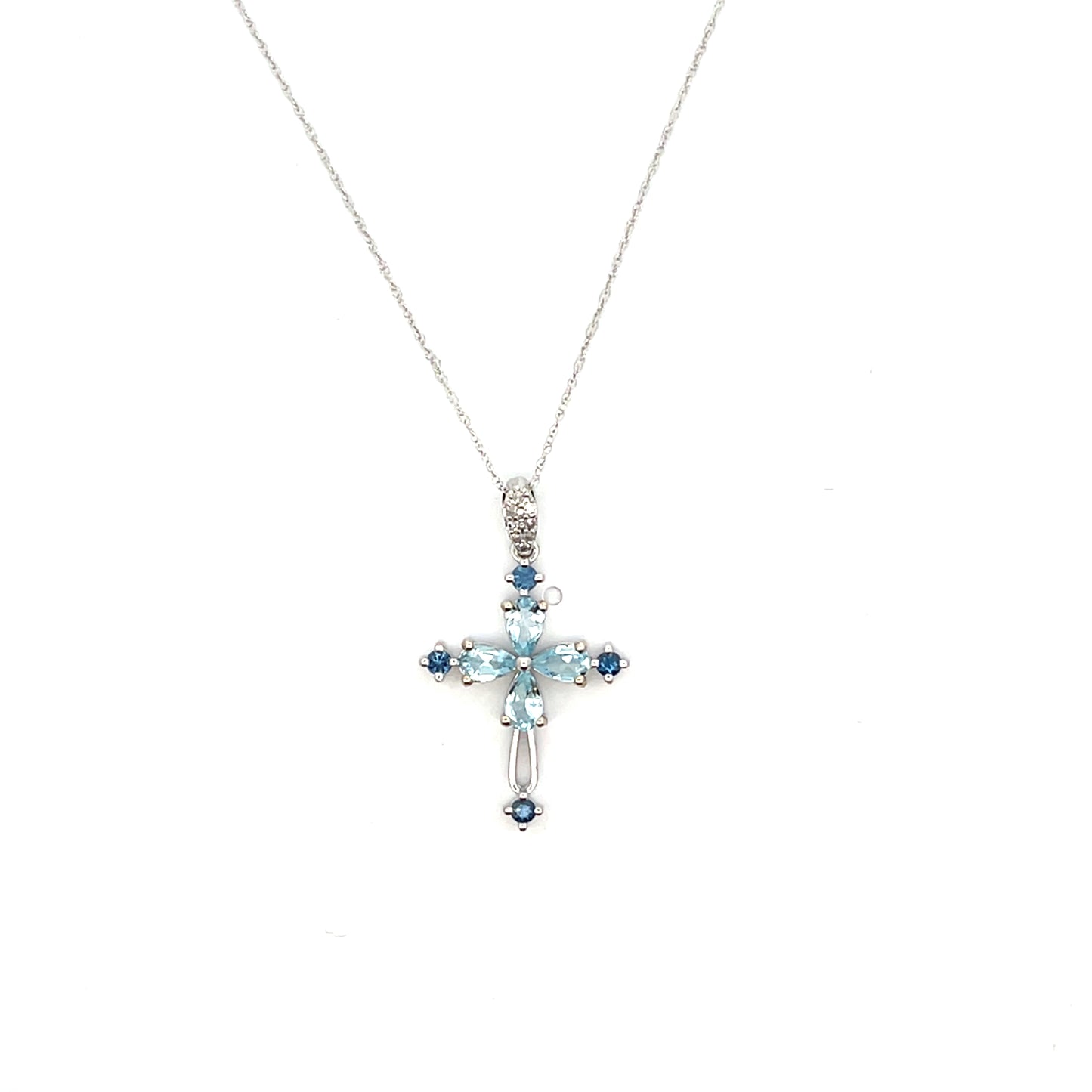 10K WG DIAMOND SAPPHIRE AND AQUAMARINE CROSS NECKLACE