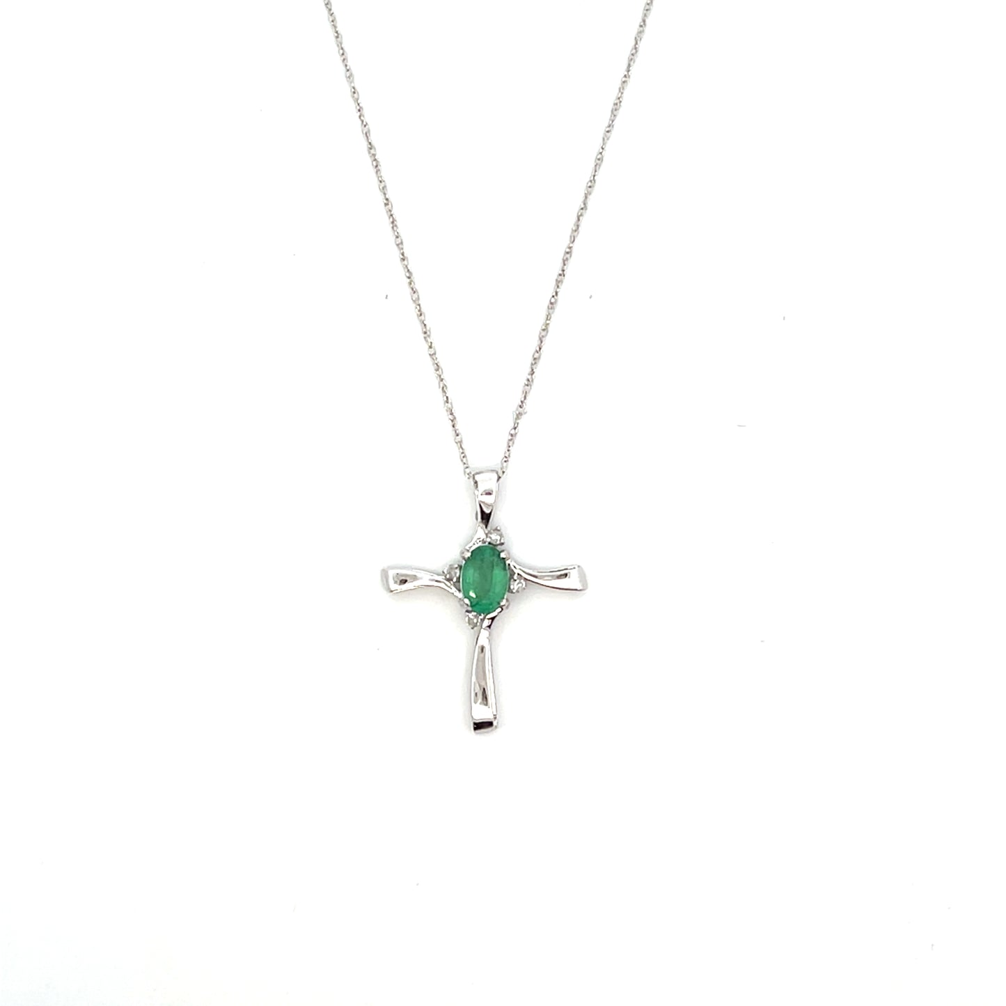 10K WG DIAMOND AND OVAL EMERALD CROSS NECKLACE
