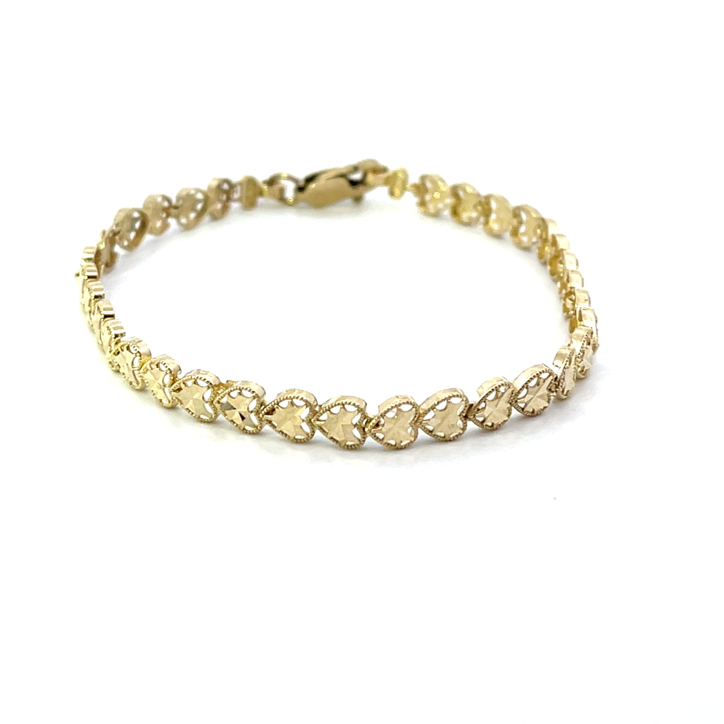 10K YG SOLID HEART BEADED BEZEL BRACELET 7"