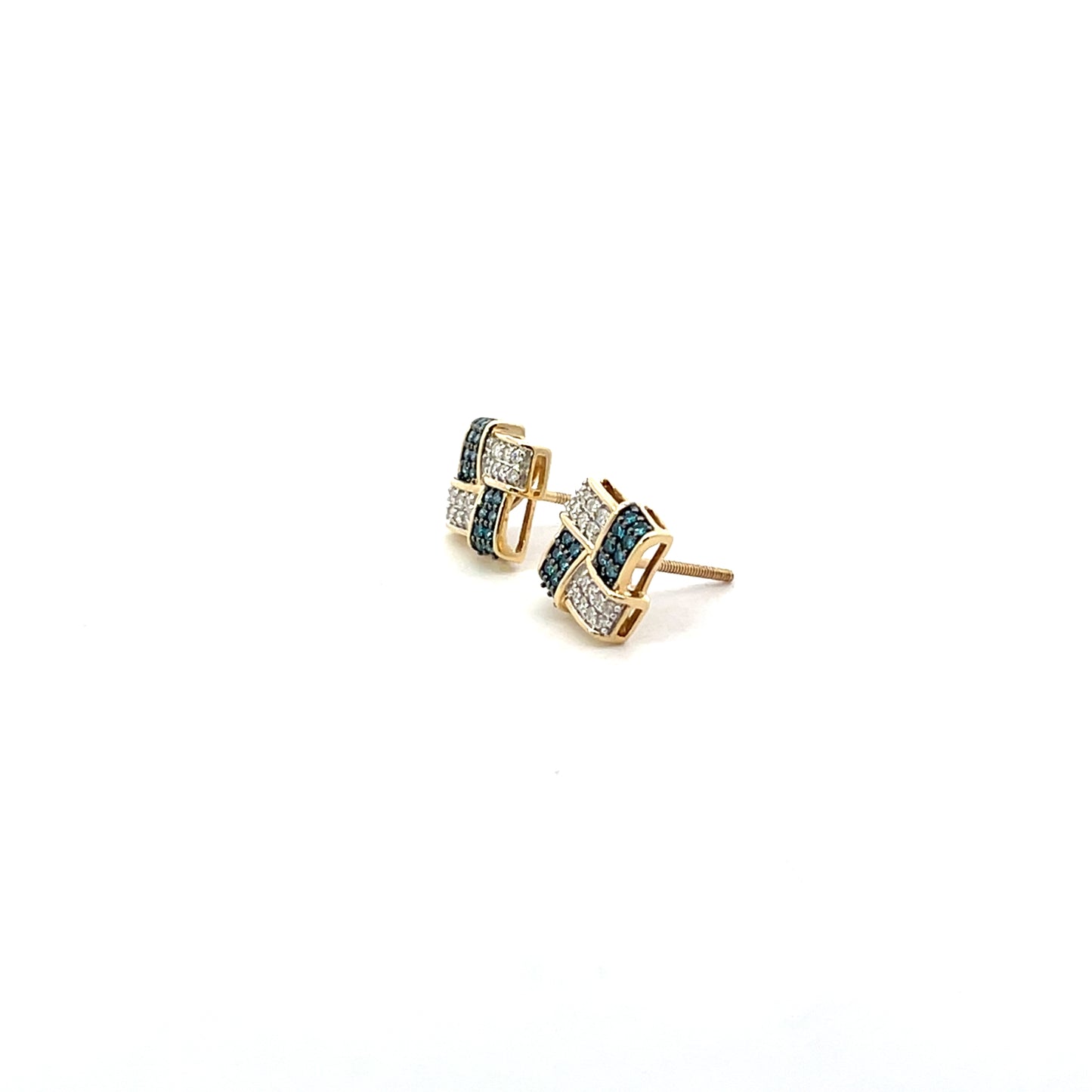 10K YG D-0.33CTW NATURAL AND BLUE DIAMOND CHESS EARRINGS