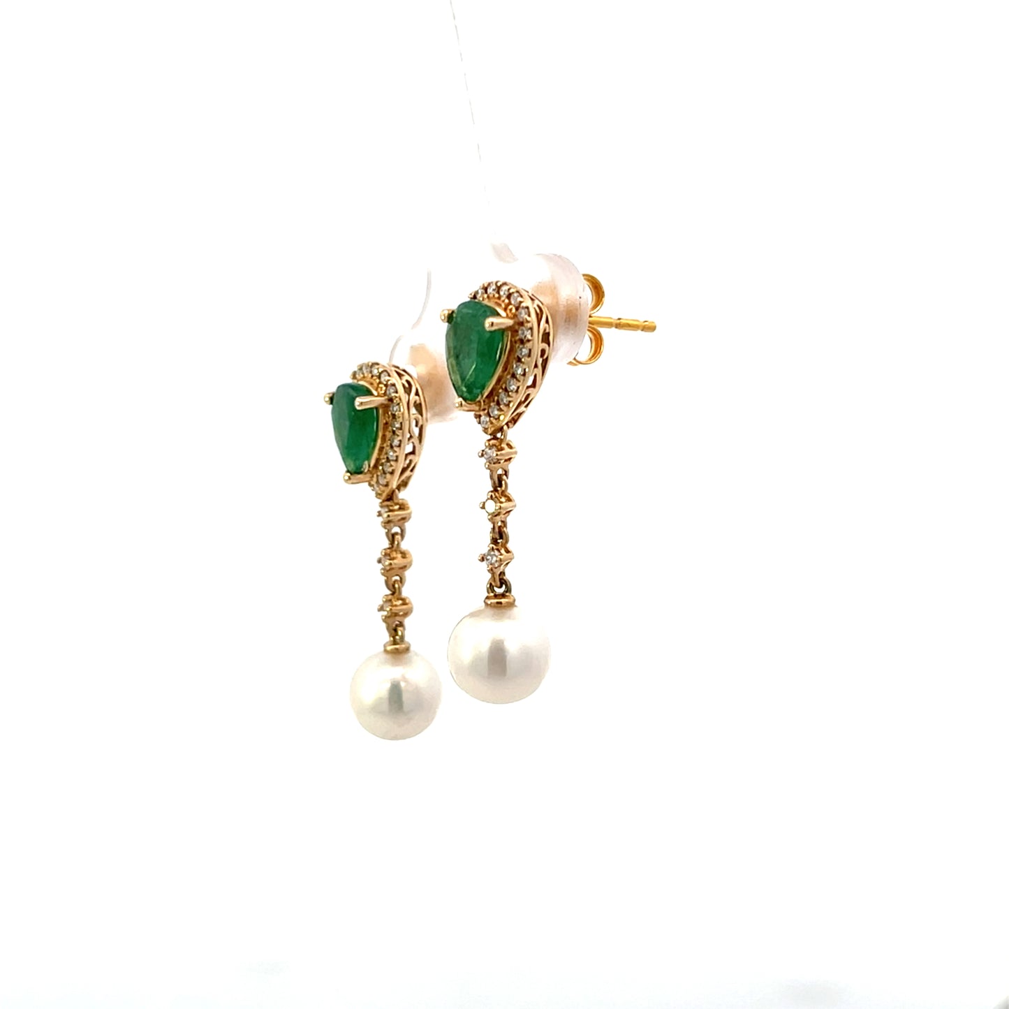 14K YG D.0.25CTW EMERALD PEAR WITH DIAMOND HALO AND PENDANT PEARL EARRINGS