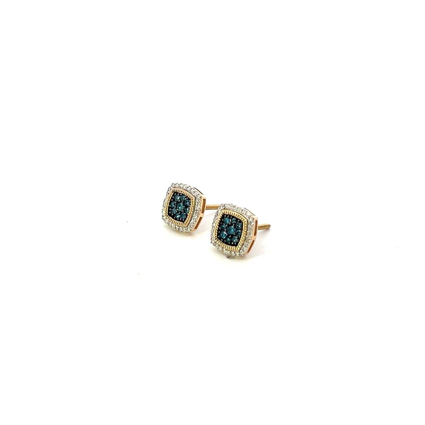 10K YG D-0.33CTW CUSHION WITH HALO BLUE DIAMOND EARRINGS