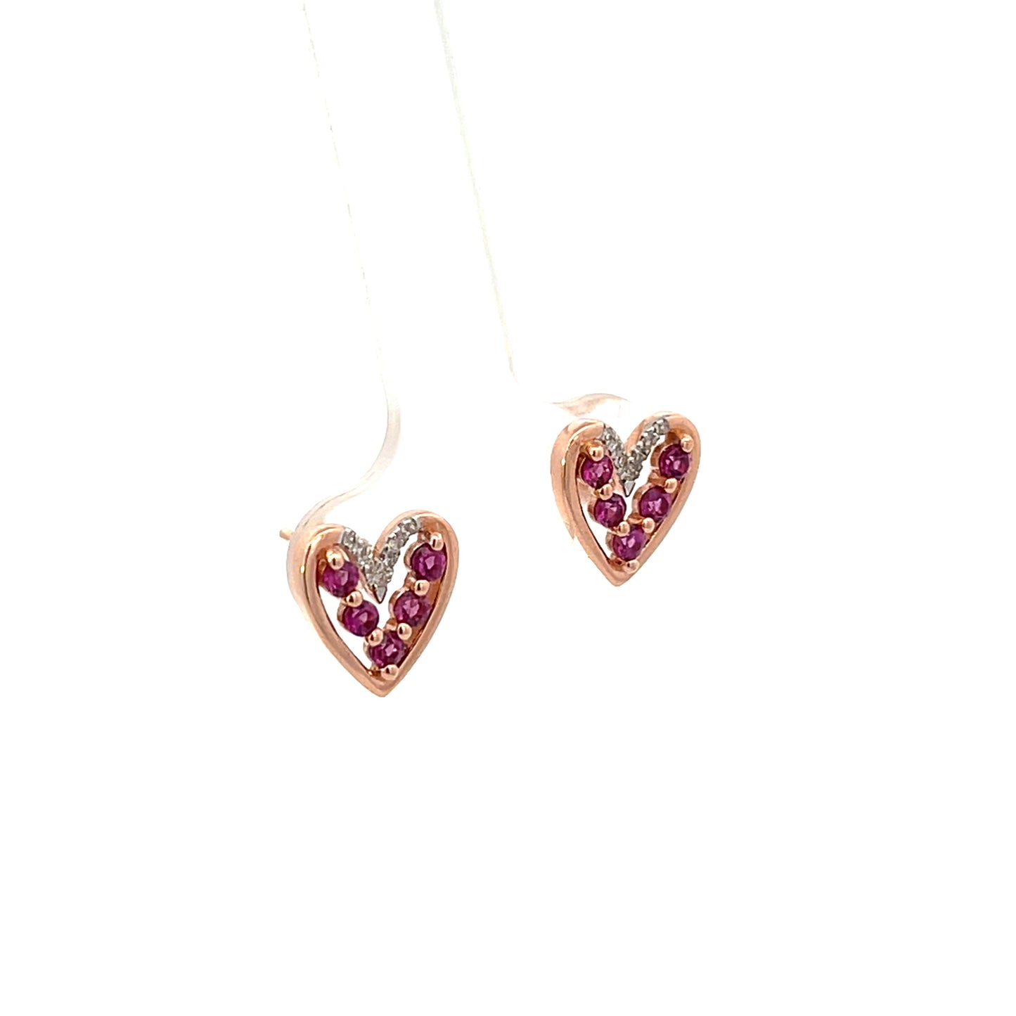 14K YG HEARTS WITH RHODOLITE AND NATURAL DIAMOND EARRINGS