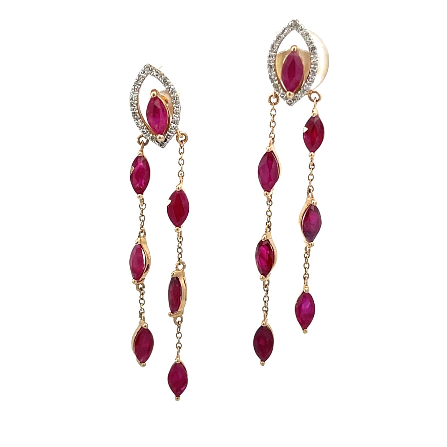 14K YG D-0.10CTW DIAMOND AND MARQUISE RUBY WITH 2 CHAIN EARRINGS
