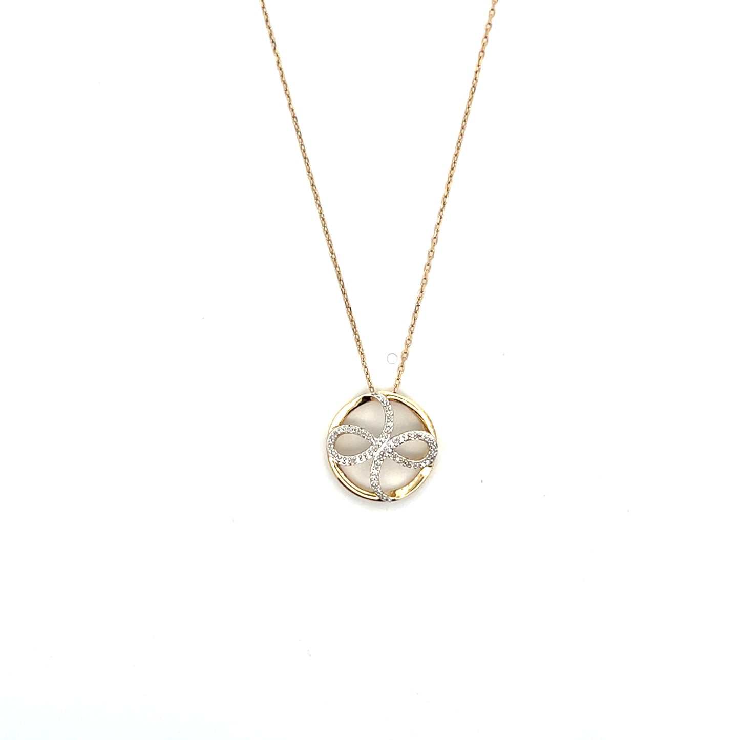 10K YG D-0.13CTW CIRCLE WITH DIAMOND CURL CROSS NECKLACE