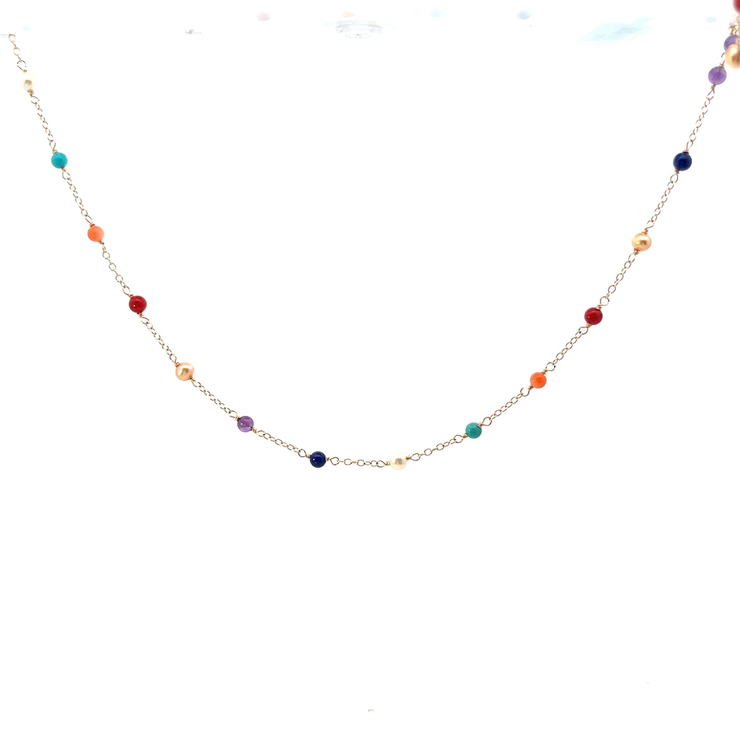 14K YG MULTI GEM MINI BALL NECKLACE 17"