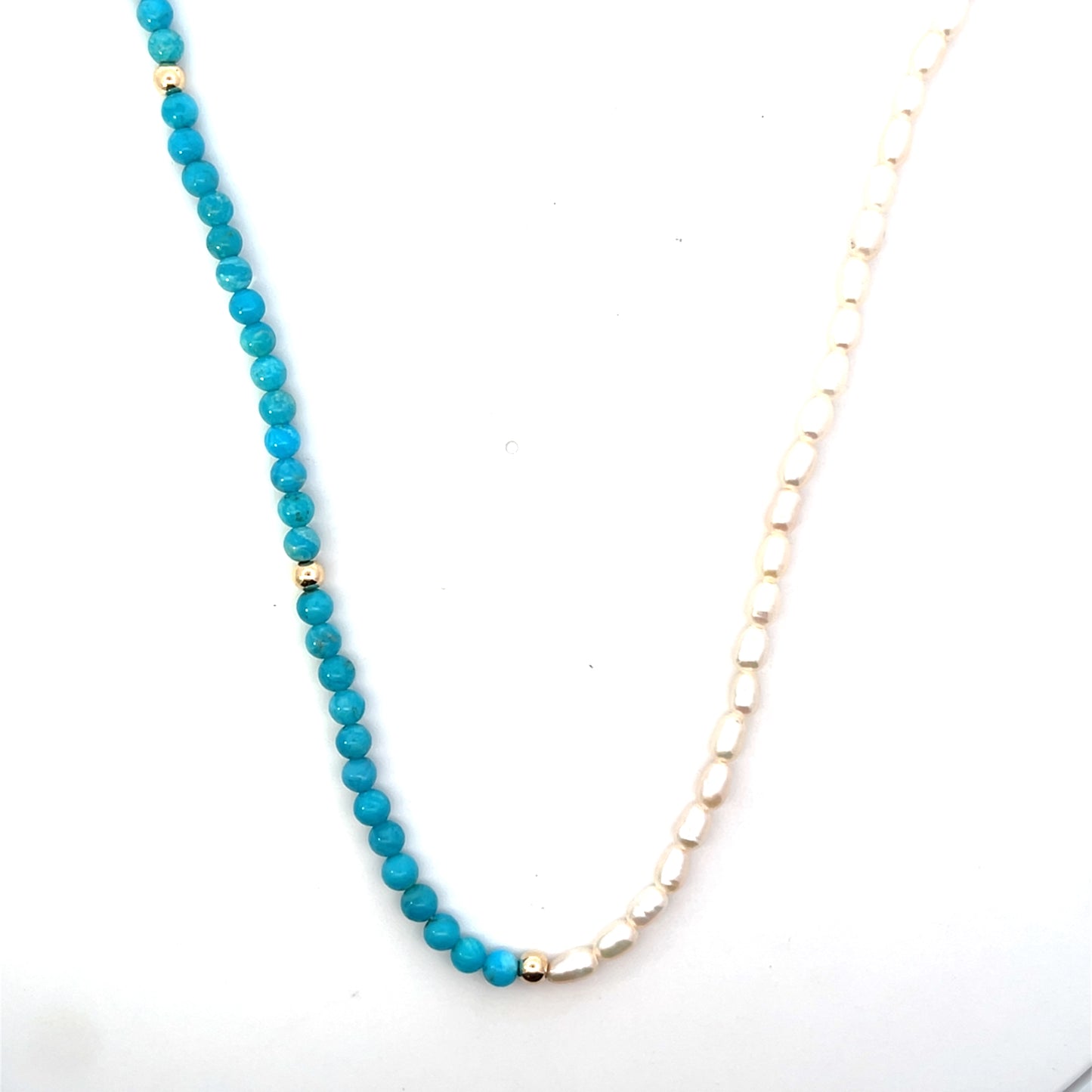 14K YG HALF TURQUOISE AND PEARL NECKLACE 17"