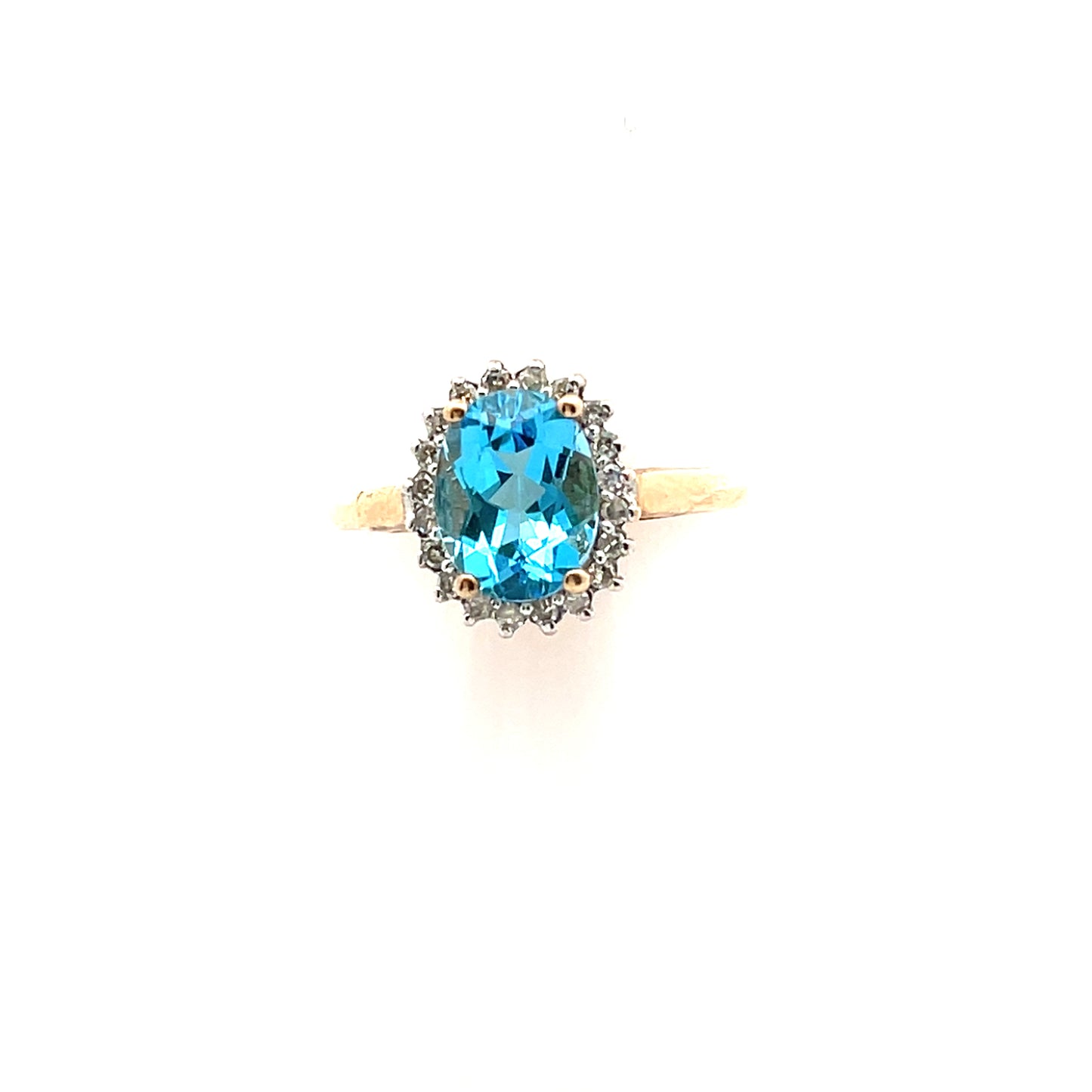 10K YG D-0.20CTW BLUE TOPAZ SOLITAIRE WITH DIAMOND HALO RING