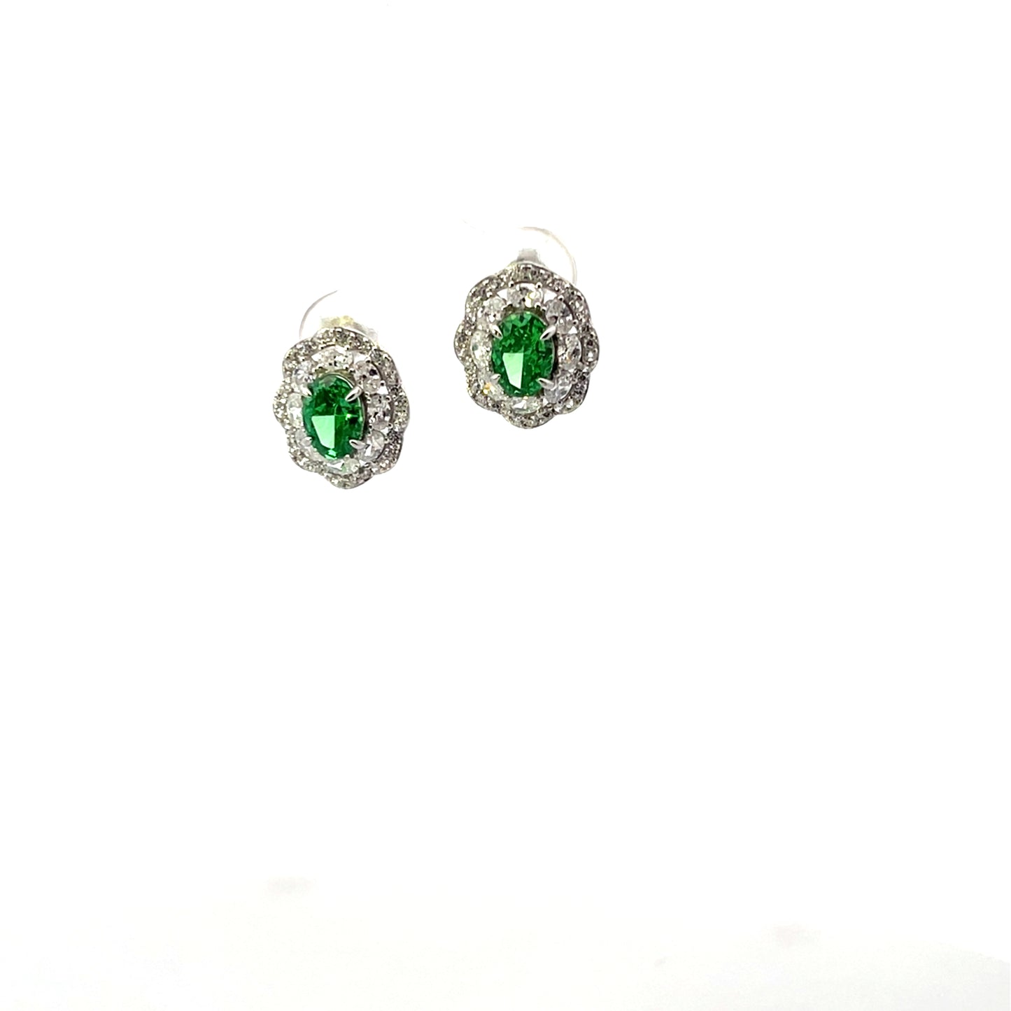 VINTAGE HALO GREEEN OVAL SOLITAIRE EARRINGS