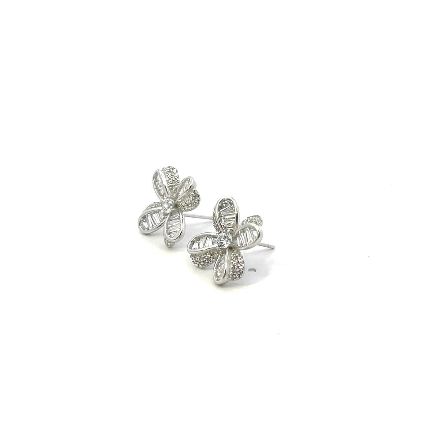 PAVE AND BAGUETTE CZ FLOWER EARRINGS SILVER