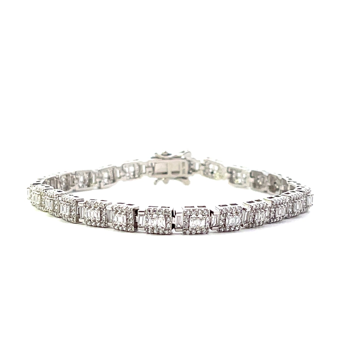 TENNIS BRACELET 2 BAGUETTE CENTER AND HALO SILVER 7"