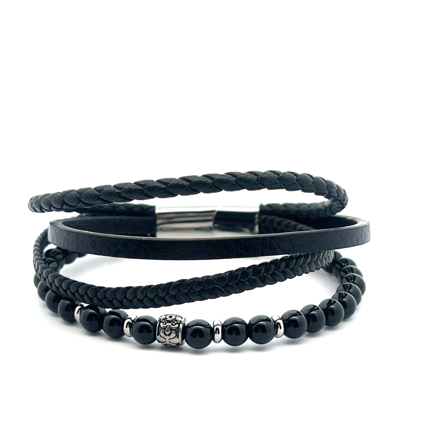 4 ROW BRAIDED AND BEADED BLACK MENS BRACELET
