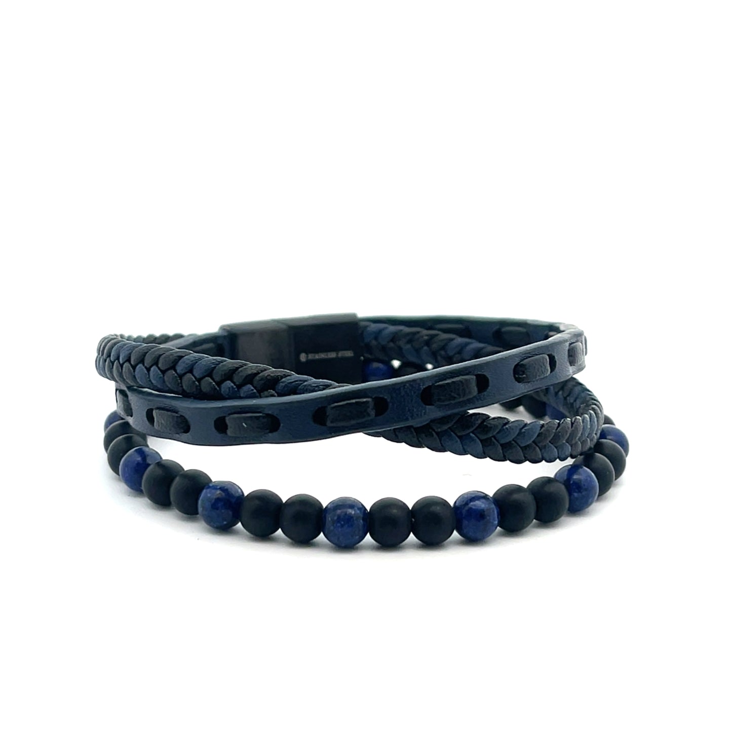 3 ROW BRAIDED AND BEADED BLUE MENS BRACELET