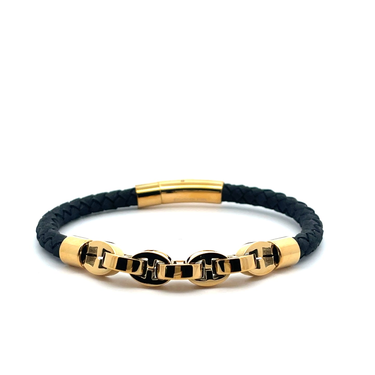 BRAIDED WITH LINK MENS GOLD BLACK BRACELET