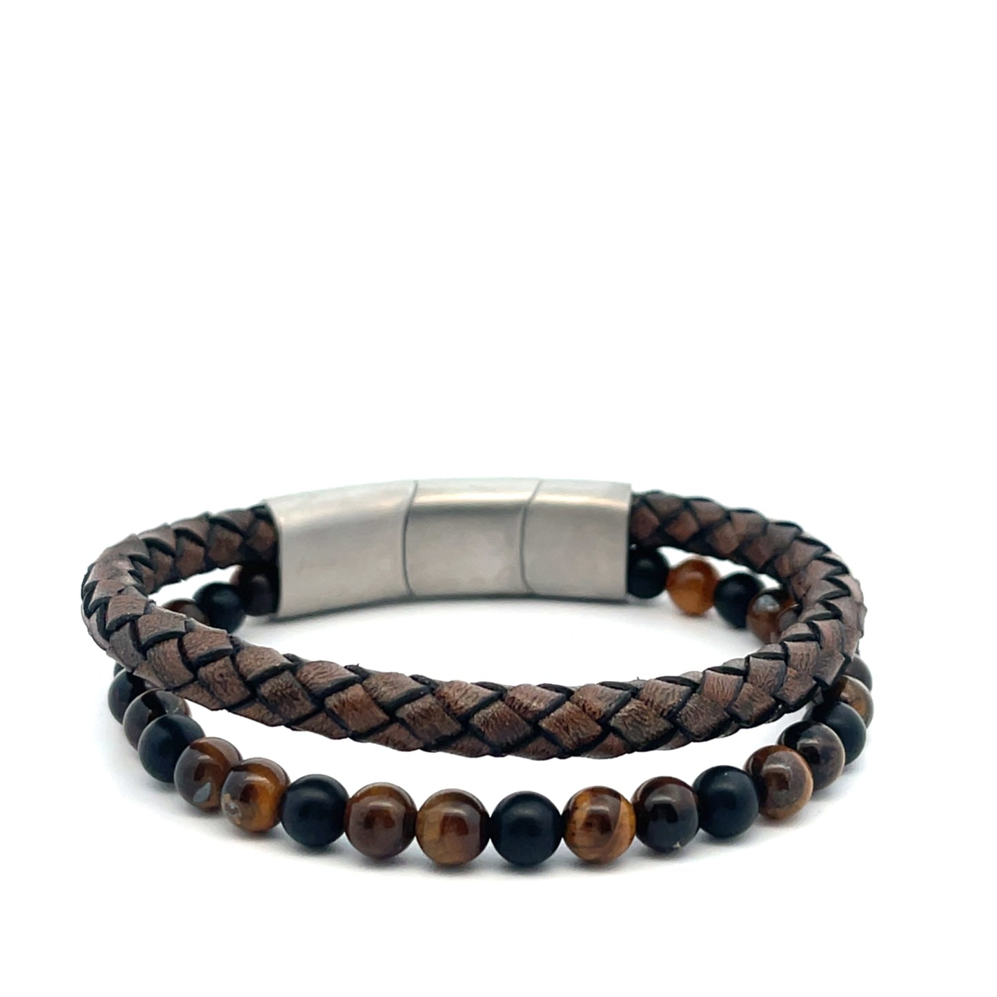 2 ROW BRAIDED BEADED BROWN MENS BRACELET
