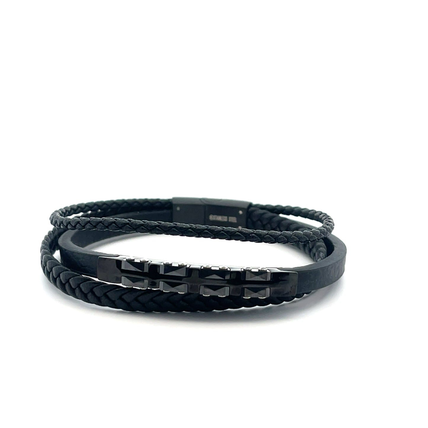 3 ROW BRAIDED WITH SQUARES BLACK MENS BRACELET