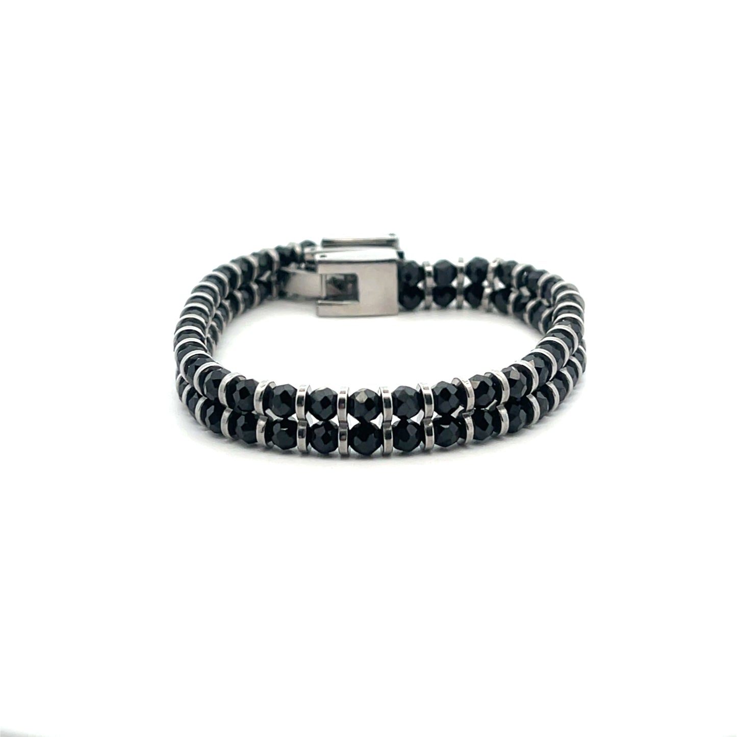 2 ROW BEADED METALLIC BLACK MENS BRACELET