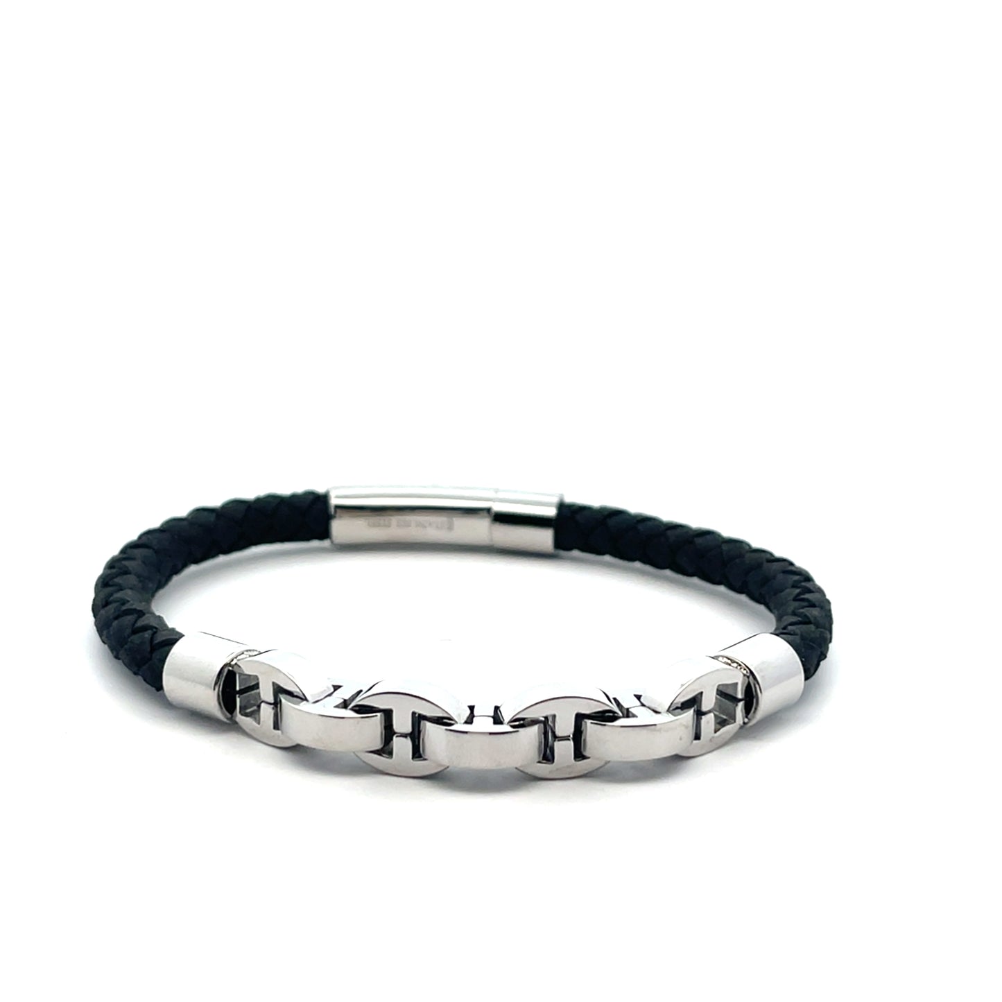 BRAIDED WITH LINK MENS SILVER BLACK BRACELET