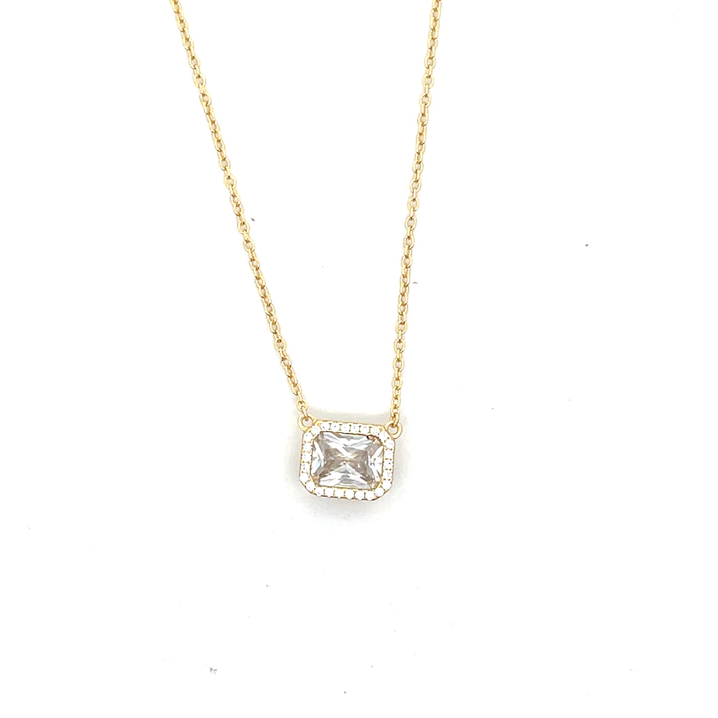 EMERALD CUT CLEAR WITH HALO SOLITAIRE NECKLACE
