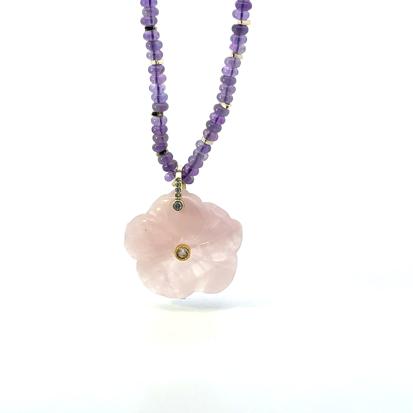 ALL AROUND BEADED PURPLE NECKLACE WITH BIG QUARTS PINK FLOWER CHARM