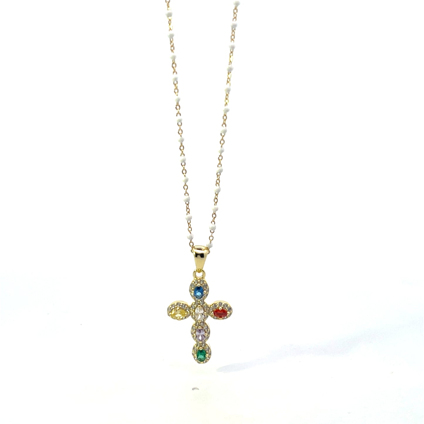 MINI BEADED WHITE NECKLACE WITH MULTICOLOR CROSS