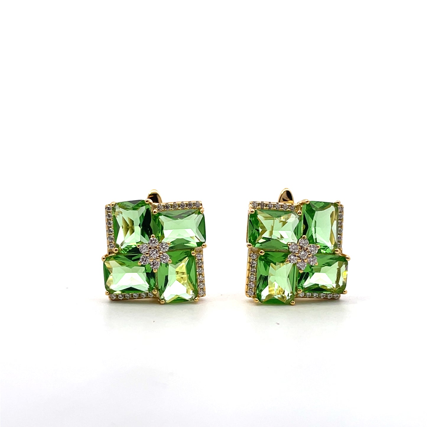 4 PRINCESS CUT GREEN AND MINI CZ FLOWER OMEGA EARRINGS SGP