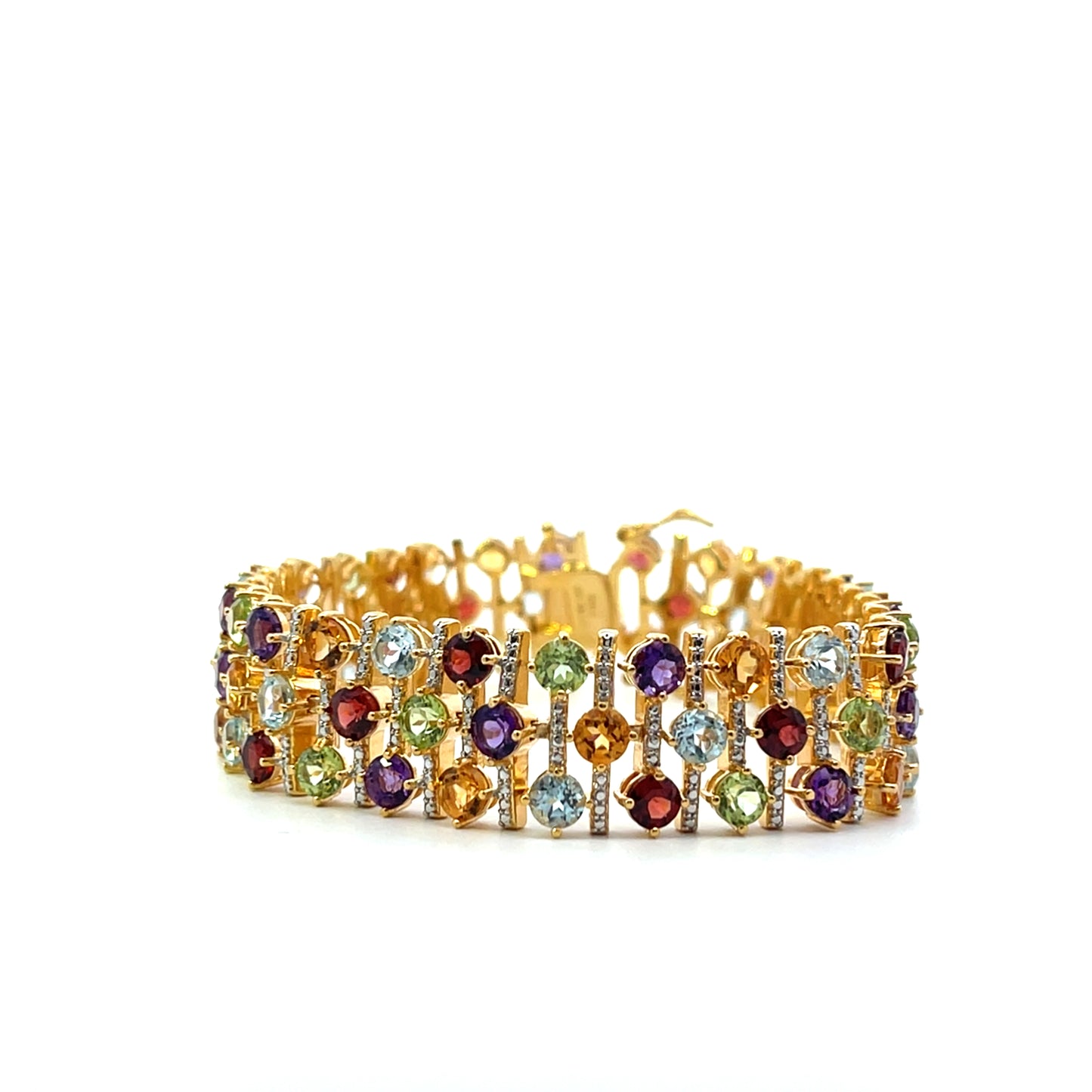 MULTIGEMSTONE CITRINE PERIDOT AMETHYST GARNET BLUE TOPAZ AND DIAMOND 3ROW BRACELET SGP 7.5"