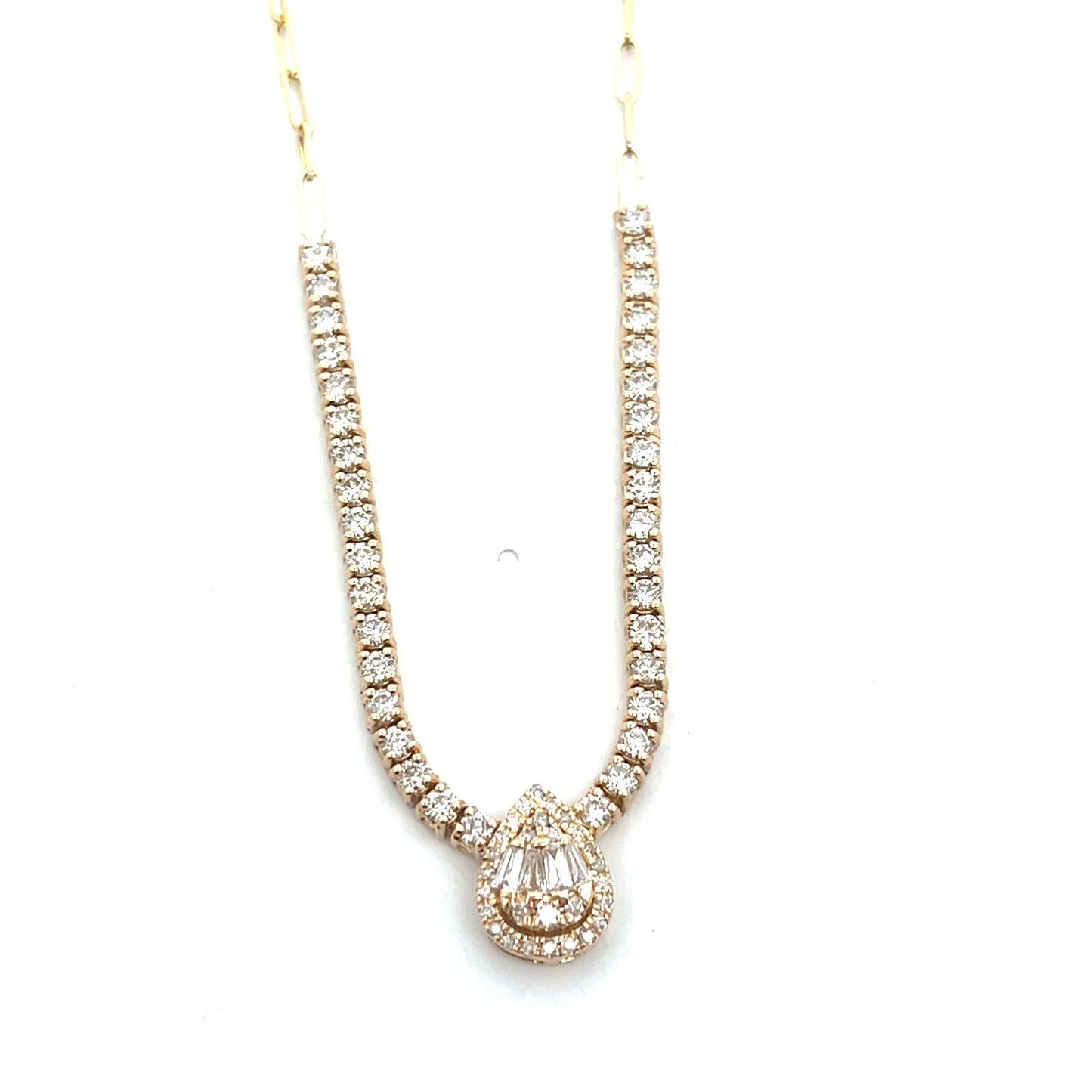 14K YG D-3 CTW PEAR SHAPE WITH HALO DIAMOND VINTAGE HALF TENNIS NECKLACE ($3,600)