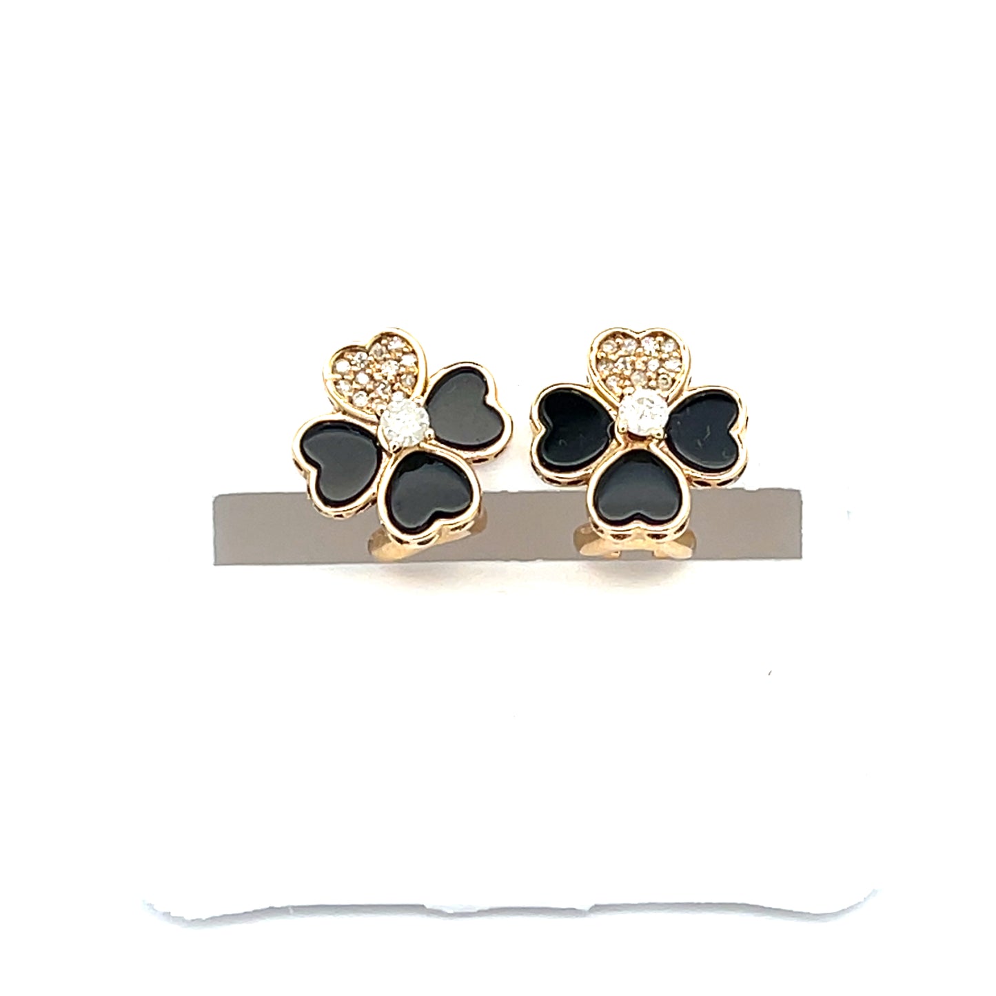 10K YG ONYX AND NATURAL DIAMOND FLOWER EARRINGS