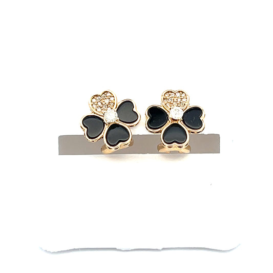 10K YG ONYX AND NATURAL DIAMOND FLOWER EARRINGS