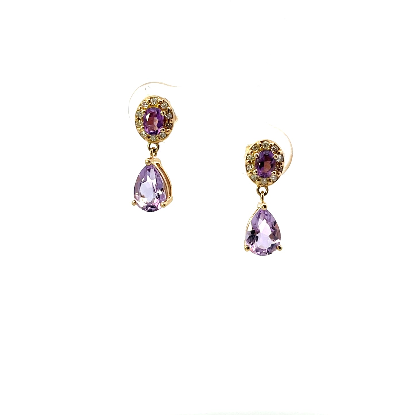 10K YG D-0.12CTW OVAL AMETHYST WITH DIAMOND HALO AND PEAR DROP PENDANT EARRINGS