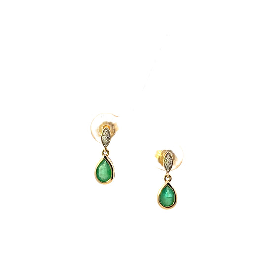 10K YG D-0.03CTW MAQUISE DIAMOND AND PEAR DROP EMERALD PENDANT EARRINGS