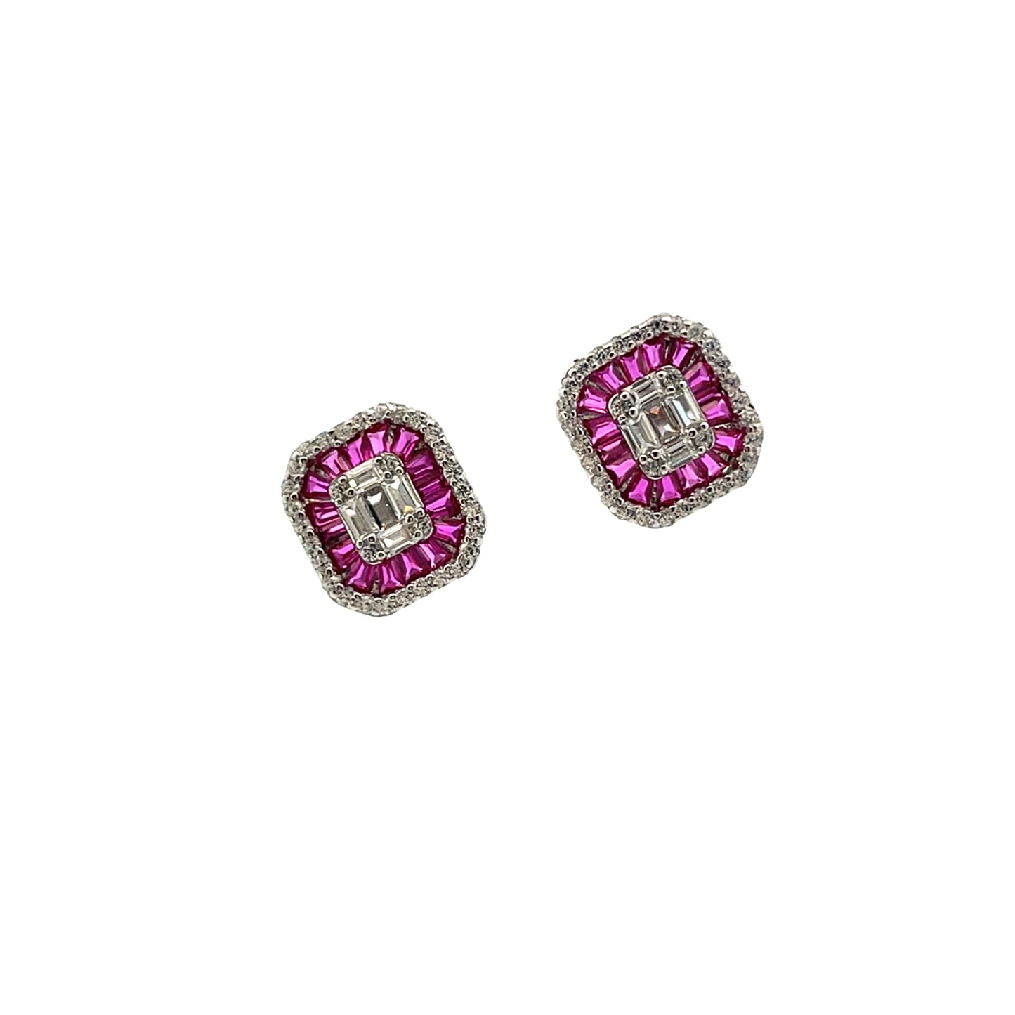 HEXAGONAL FULL CZ STUDS RED SILVER EARRINGS