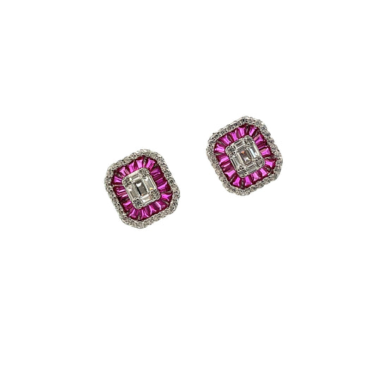 HEXAGONAL FULL CZ STUDS RED SILVER EARRINGS