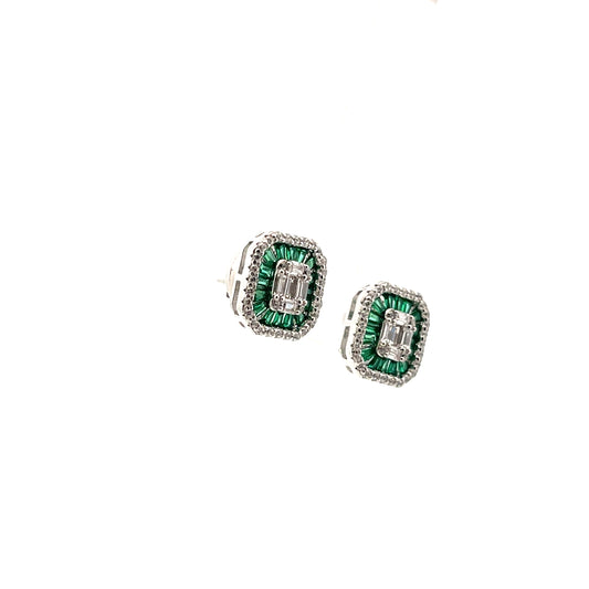 HEXAGONAL FULL CZ STUDS GREEN SILVER EARRINGS
