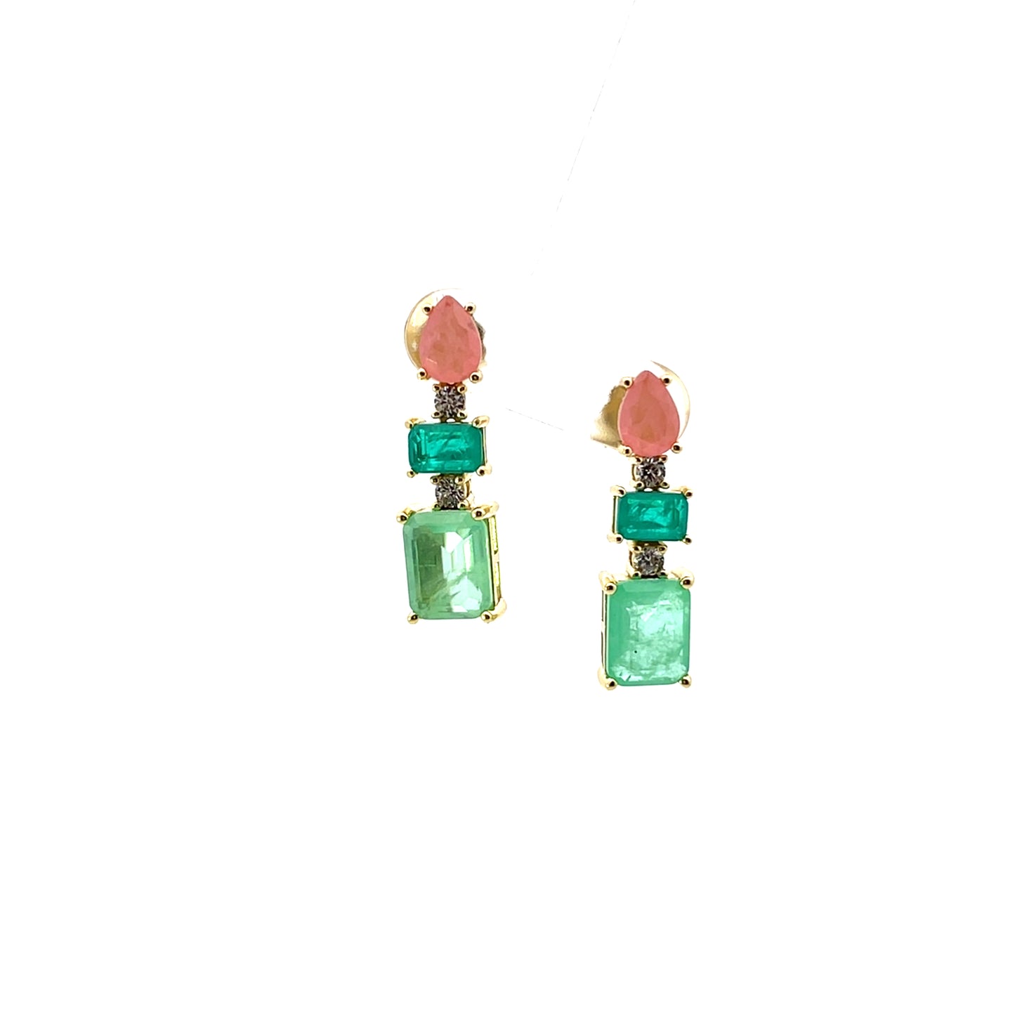 3 STONE LONG EARRINGS PINK GREEN
