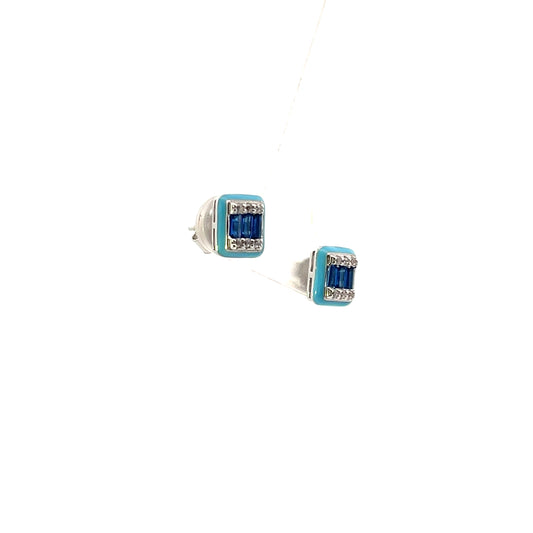 ENAMEL RECTANGLE WITH CZ BLUE EARRINGS