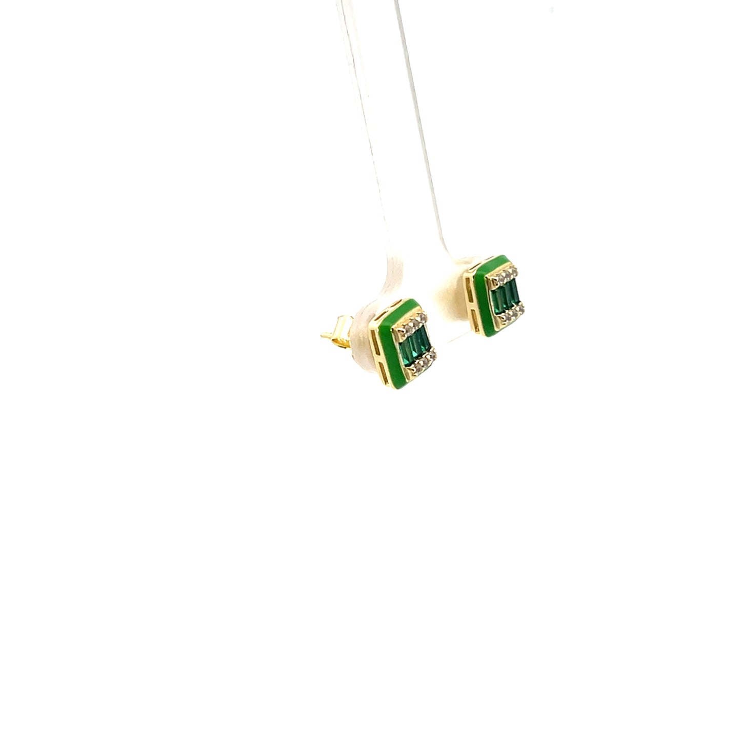 ENAMEL RECTANGLE WITH CZ GREEN EARRINGS