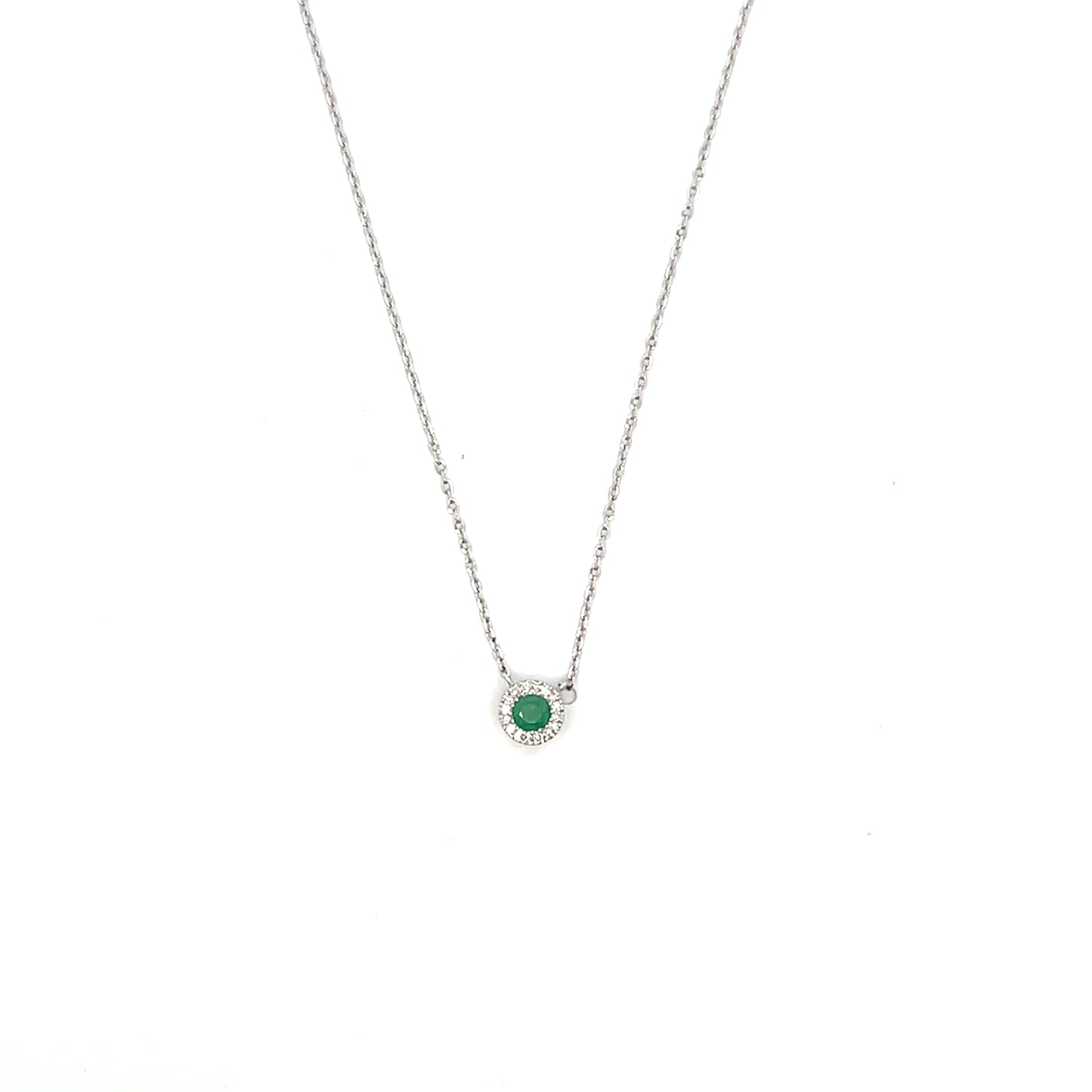 14K WG MINI EMERALD WITH DIAMOND HALO NECKLACE
