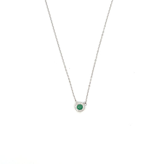 14K WG MINI EMERALD WITH DIAMOND HALO NECKLACE