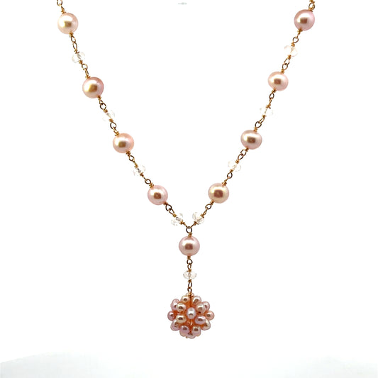 14K YG PINK NATURAL PEARL AND QUARTZ NECKLACE