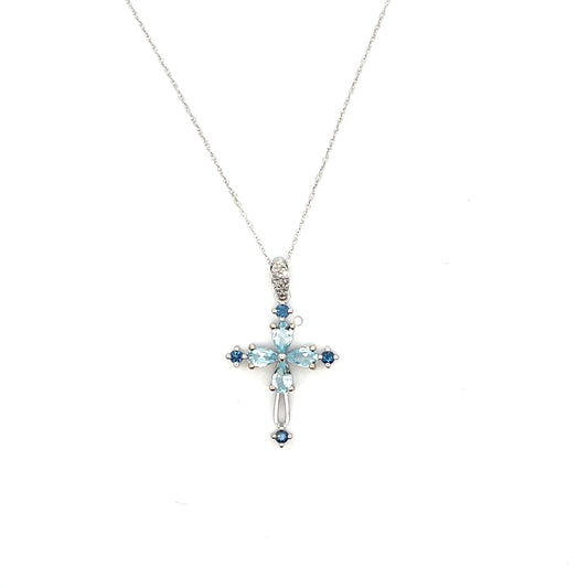 10K WG DIAMOND SAPPHIRE AND AQUAMARINE CROSS NECKLACE