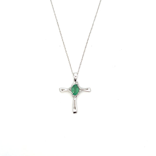 10K WG DIAMOND AND OVAL EMERALD CROSS NECKLACE