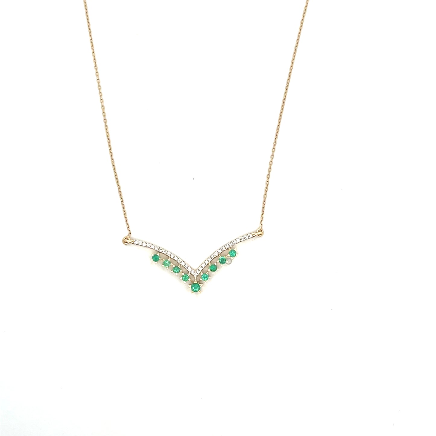 10K YG D-0.15CTW EMERALD AND DIAMOND SMALL V SHAPE NECKLACE